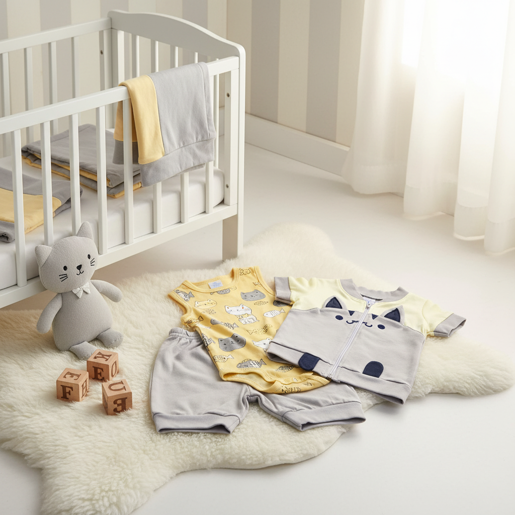 Carter's Gray Cat Face Zip Jacket Yellow Cat Print Bodysuit Gray Shorts 3-Piece Baby Set - cozy nursery scene on white fur rug next to white wooden crib with gray cat plush toy wooden alphabet blocks and yellow gray blanket draped over crib
