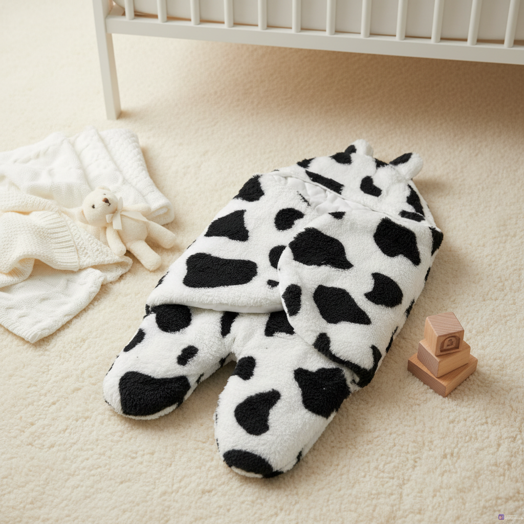 Cow print baby sleeping bag – cozy nursery scene next to crib with soft toys