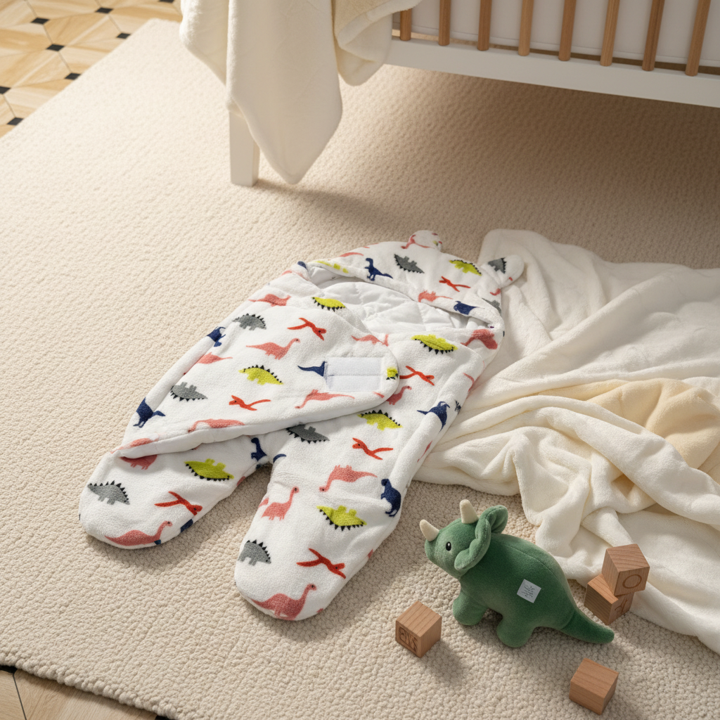 Dinosaur print baby sleeping bag – cozy nursery scene on floor next to crib with dino toy