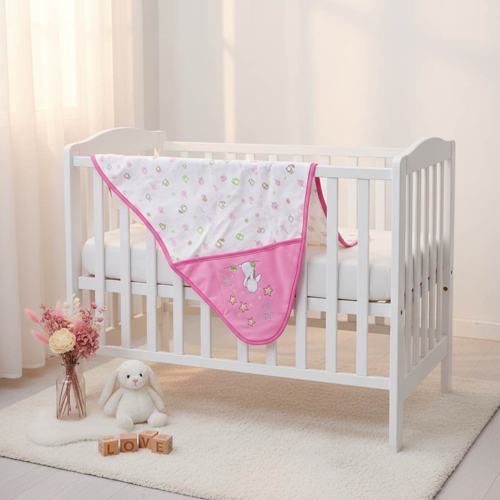 Dream Big Little One Pink Woodland Baby Blanket - cozy nursery scene draped over white wooden crib with white bunny plush toy pink dried flowers and LOVE wooden blocks on cream rug