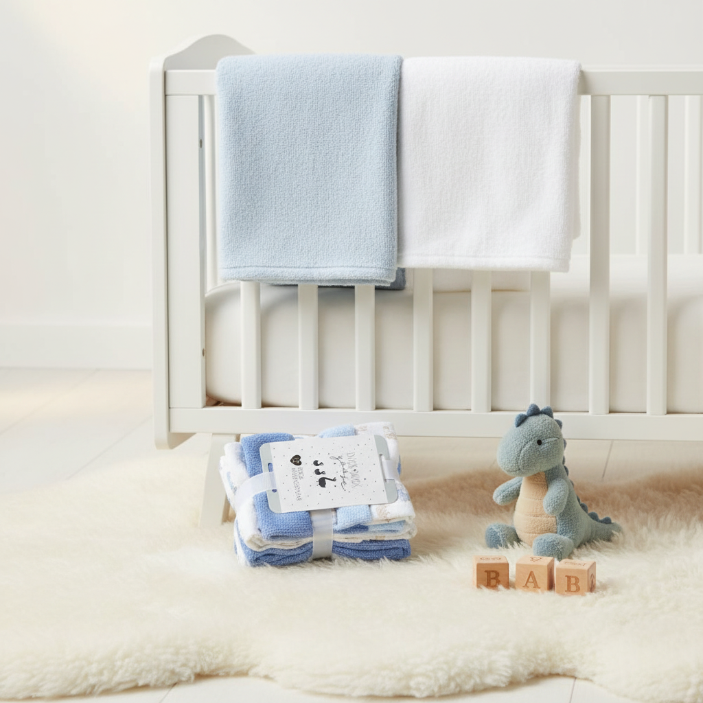 Duck Duck Goose Baby Boy Washcloth Set 12 Pack - cozy nursery scene on white fur rug with white wooden crib blue and white washcloths dinosaur plush toy and wooden BABY blocks