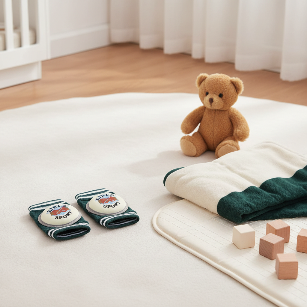 Girls Sport Baby Knee Pads - cozy nursery scene on white rug with teddy bear and wooden crib
