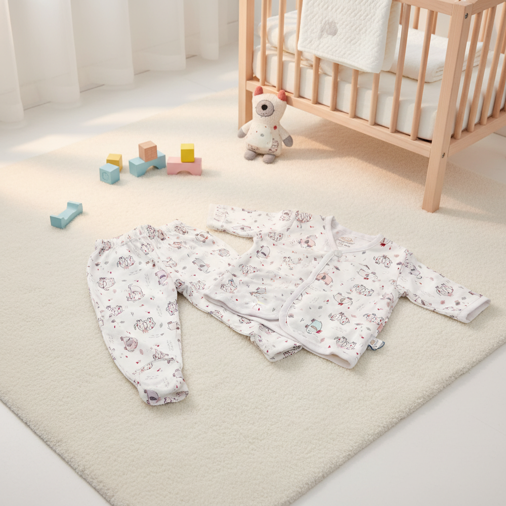 Happy Cosy Cartoon Monster Animal Print Baby Pyjama Set - cozy nursery scene long sleeve top and trousers on cream carpet next to natural wood crib with colourful building blocks and white bear plush toy