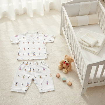 Happy Cosy Disney Characters All-Over Print Baby Pyjama Set Short & Long Sleeve White