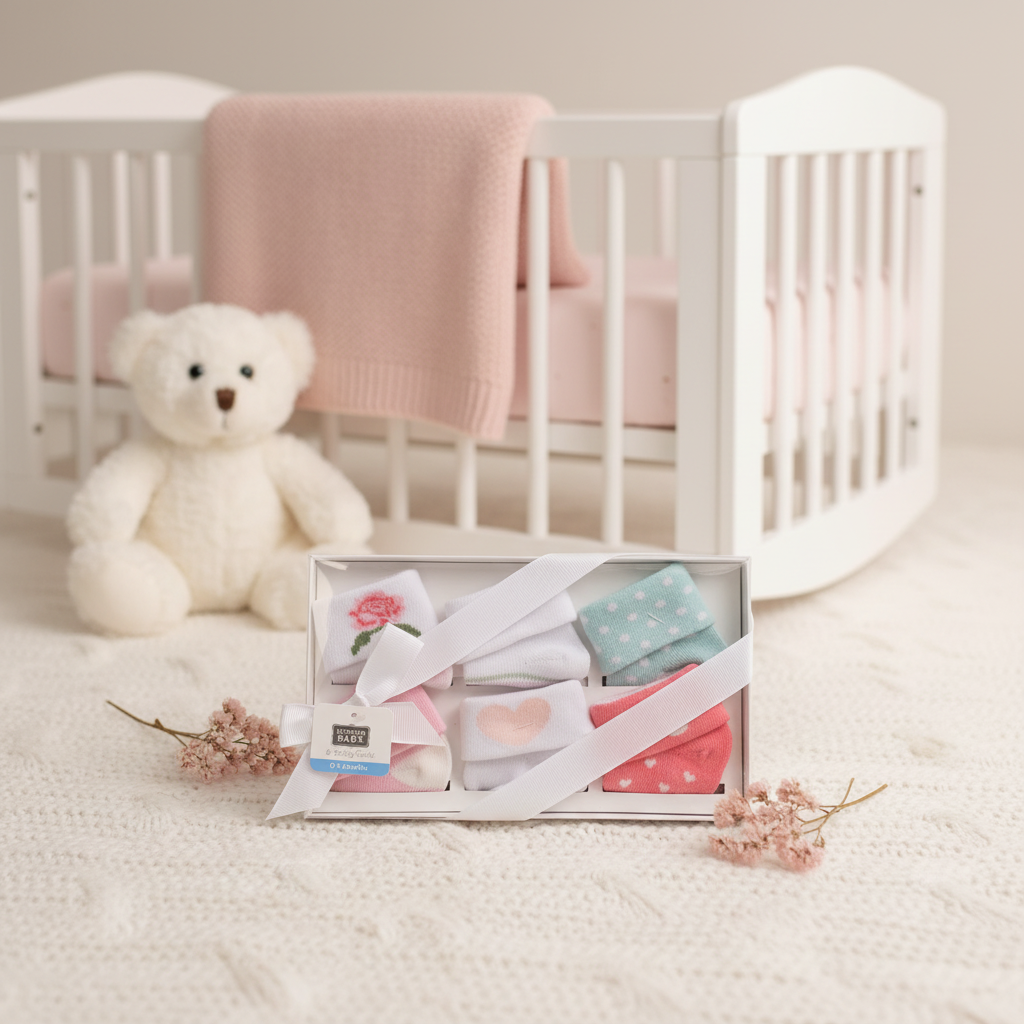 Hudson Baby Girl Socks Gift Box Set 4 Pair - cozy nursery scene on white fur rug with white wooden crib pink blanket and white teddy bear