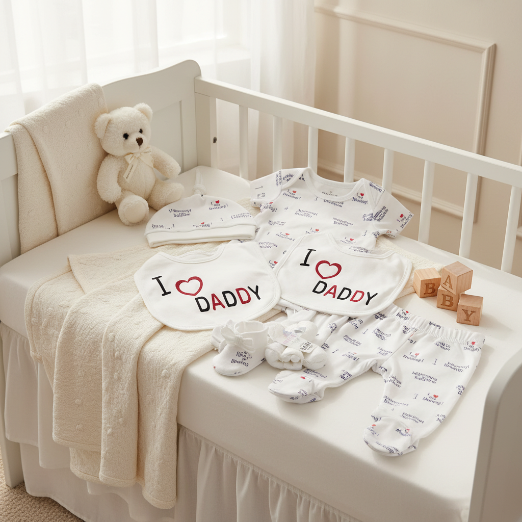 I Love Daddy Baby Gift Set - cozy nursery scene with crib