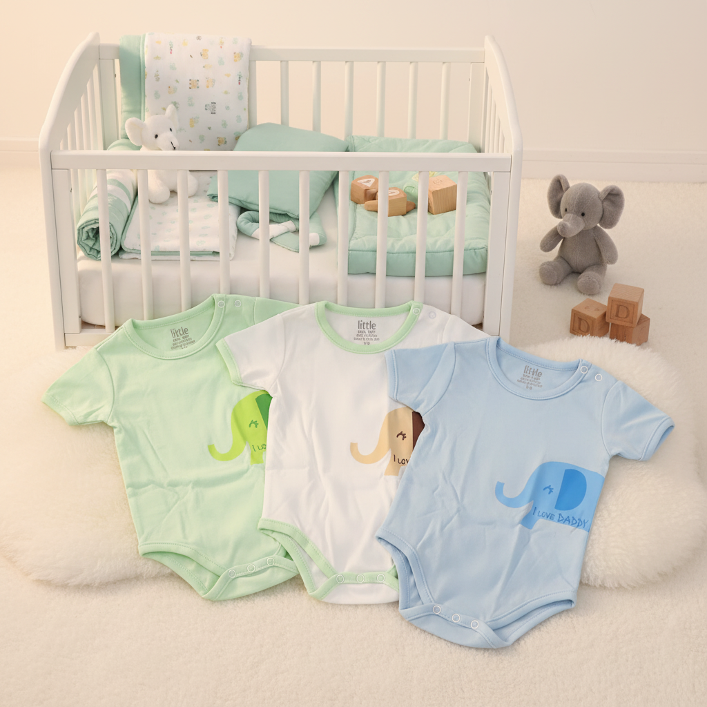 Little Home Baby I Love Daddy Elephant Bodysuit 3-Pack cozy nursery scene all 3 bodysuits against white wooden crib mint green bedding gray elephant plush wooden alphabet blocks white fur rug