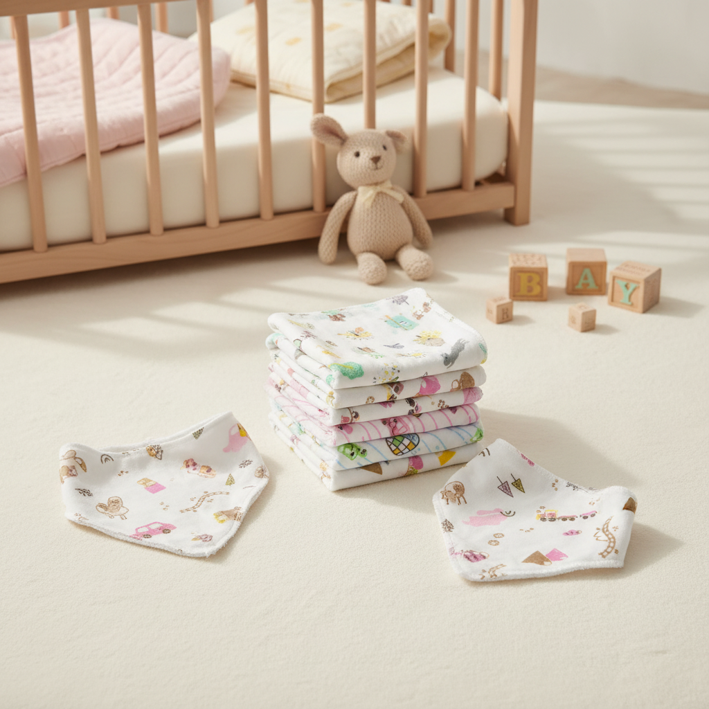 Little Home Baby Girl Washcloth Bandana Bib Set - cozy nursery scene stacked washcloths with two bibs on white floor with wooden crib teddy bear and BABY alphabet blocks