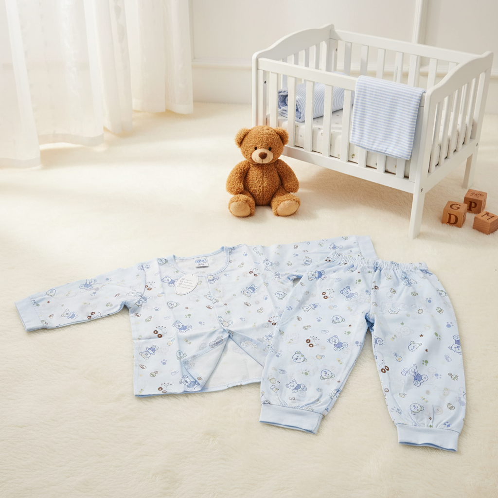 Mamo Blue Bear Bunny Print Baby Pyjama Set - cozy nursery scene laid flat on cream carpet next to white wooden crib with blue stripe blanket brown teddy bear and wooden alphabet blocks