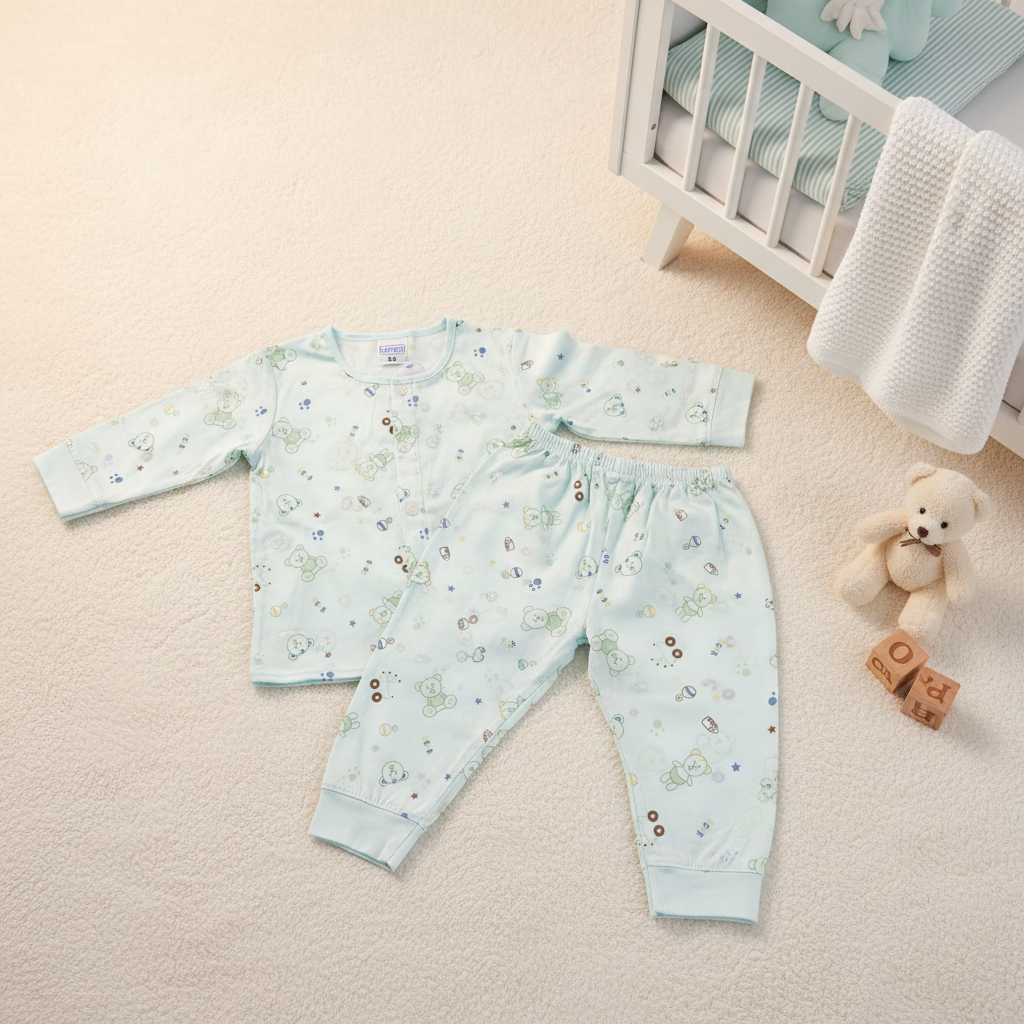 Mamo Light Blue Bear Print Baby Pyjama Set - cozy nursery scene laid flat on cream carpet next to white wooden crib with teal stripe bedding white waffle blanket and cream teddy bear with wooden alphabet blocks