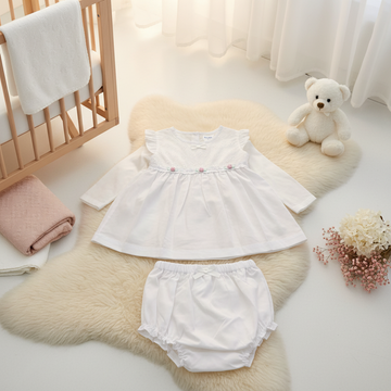 Mo Mo Kids White Eyelet Lace Baby Girl Dress Bloomer Set - cozy nursery scene laid on cream fur rug with wooden crib pink blanket white teddy bear and dried hydrangea flowers