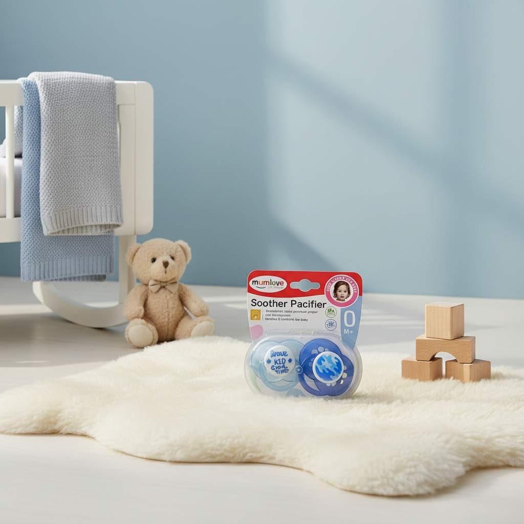 Mumlove Soother Pacifier 2 Pack - cozy nursery scene with crib and teddy bear