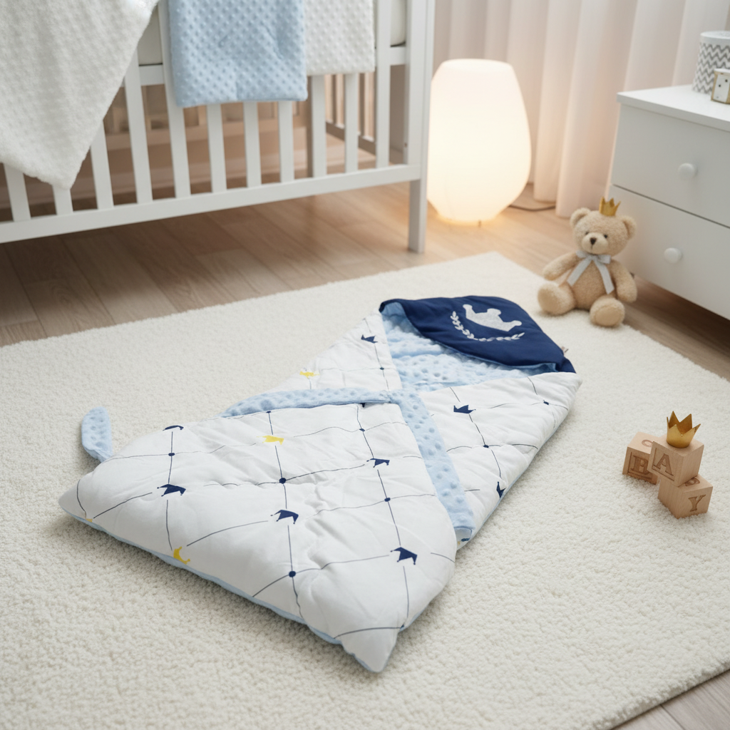 Navy crown minky baby sleeping bag – cozy nursery scene open on white rug next to white crib and teddy bear