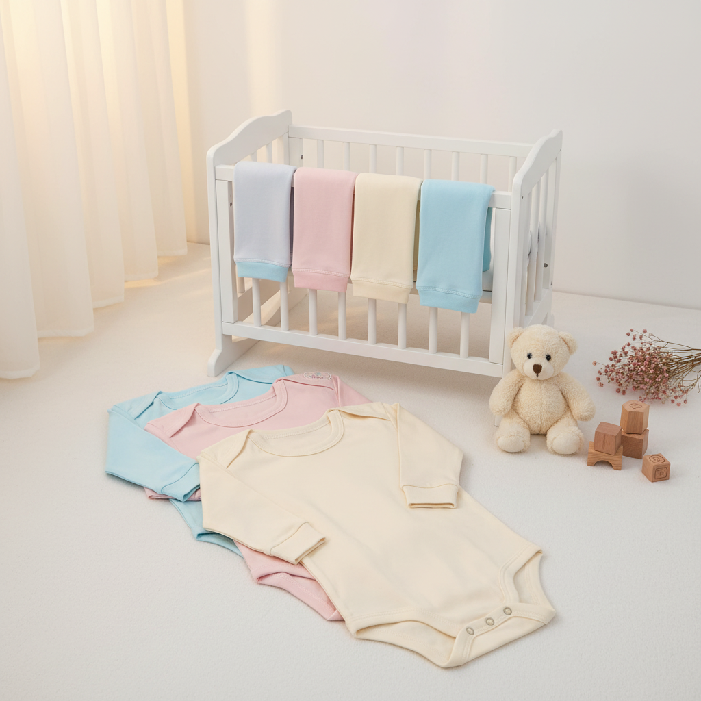 Pansy Born Baby 3-Pack Long Sleeve Bodysuits - cozy nursery scene showing all four colour bodysuits draped over white wooden crib with matching trousers and three bodysuits laid on white floor with cream teddy bear wooden blocks and dried pink flowers