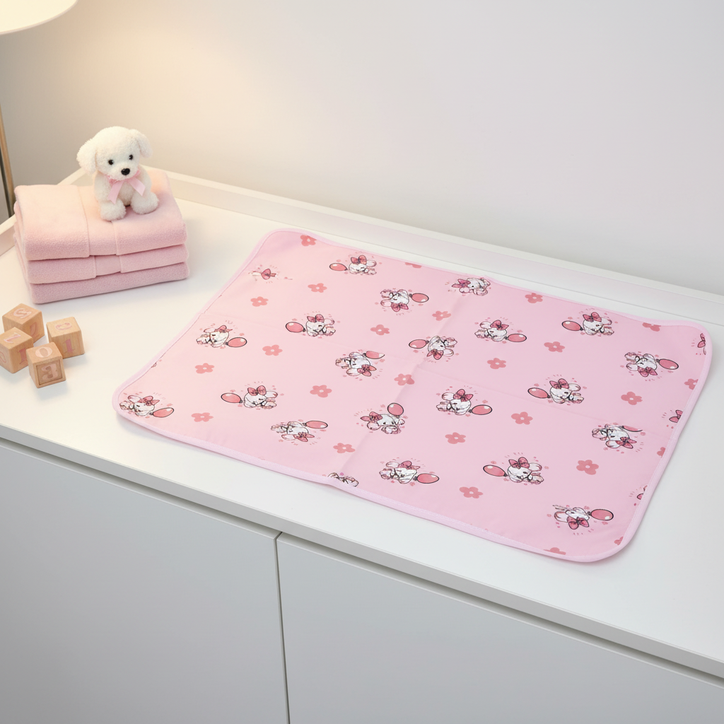 Pink Puppy Balloon Waterproof Baby Changing Mat - cozy nursery scene laid flat on white changing table with stacked pink towels white puppy plush toy and wooden alphabet blocks