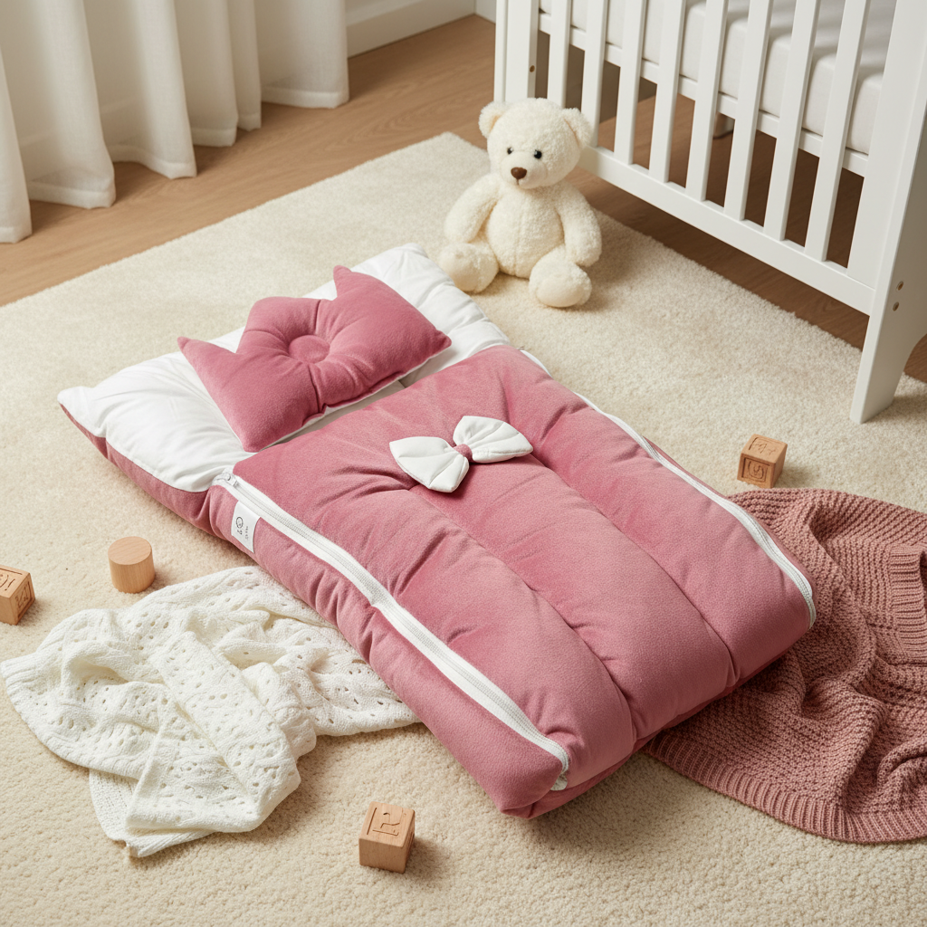 Pink velvet baby nest sleeping bag set – cozy nursery scene with crib and teddy bear