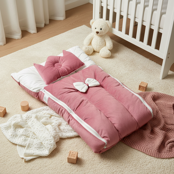 Pink velvet baby nest sleeping bag set – cozy nursery scene with crib and teddy bear