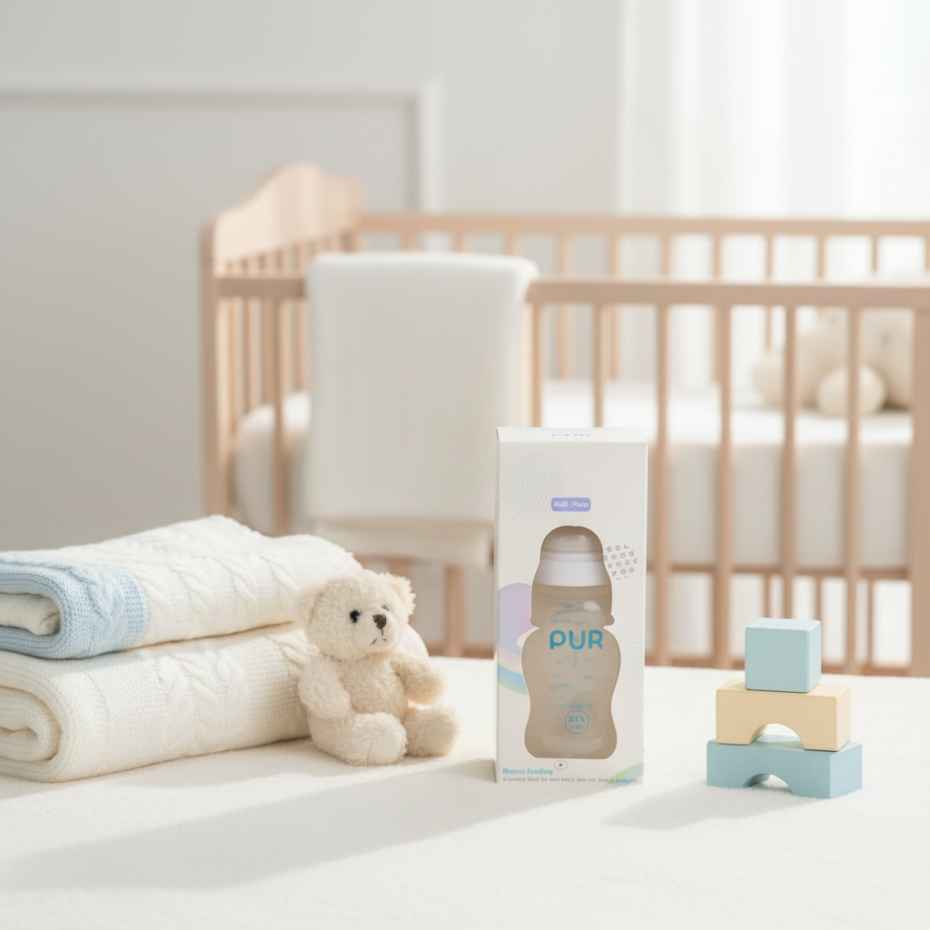 PUR Anti-Colic Baby Feeding Bottle BPA Free - cozy nursery scene in retail box on white table with teddy bear wooden blocks and natural wood crib in background