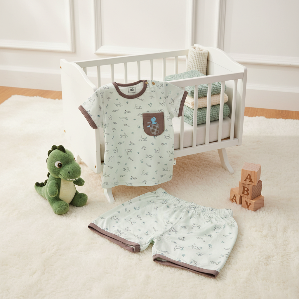 Smiles Dino Print Baby Boy T-Shirt Shorts Set - cozy nursery scene displayed on white wooden crib with green dinosaur plush toy wooden ABC blocks and cream waffle blanket