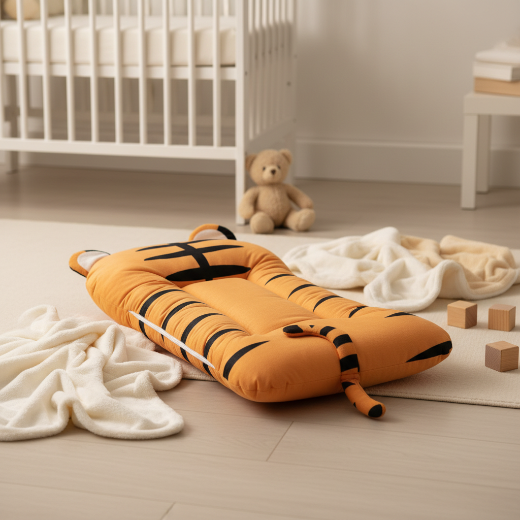 Tiger baby nest – cozy nursery scene back view with tiger stripes