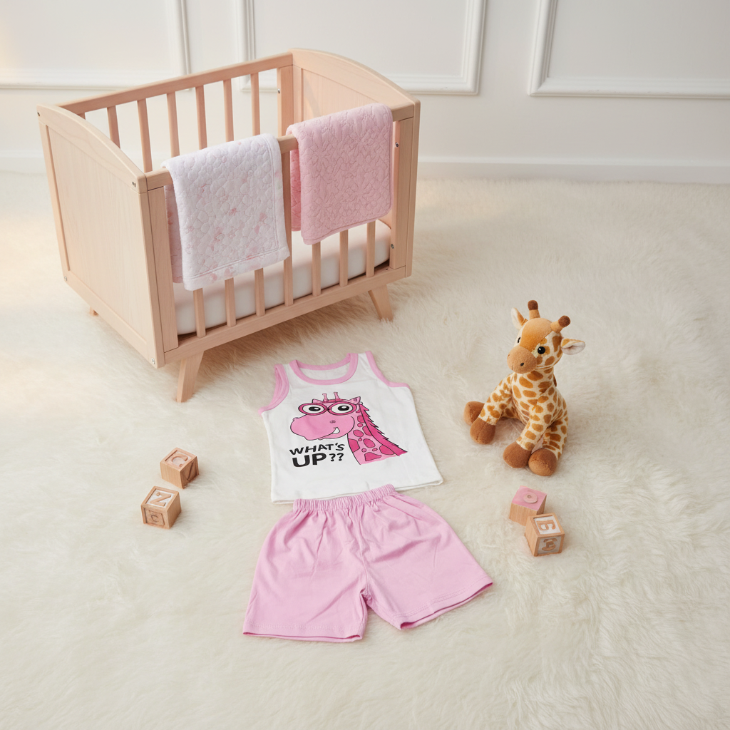 What's Up Giraffe Baby Girl Set - cozy nursery scene with wooden crib and giraffe plush toy