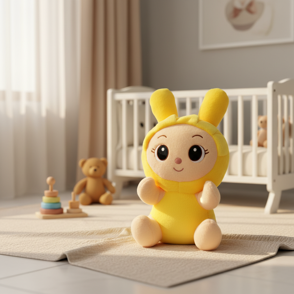 Yellow bunny girl plush doll – cozy nursery scene on floor next to white crib with teddy bear and rainbow stacker