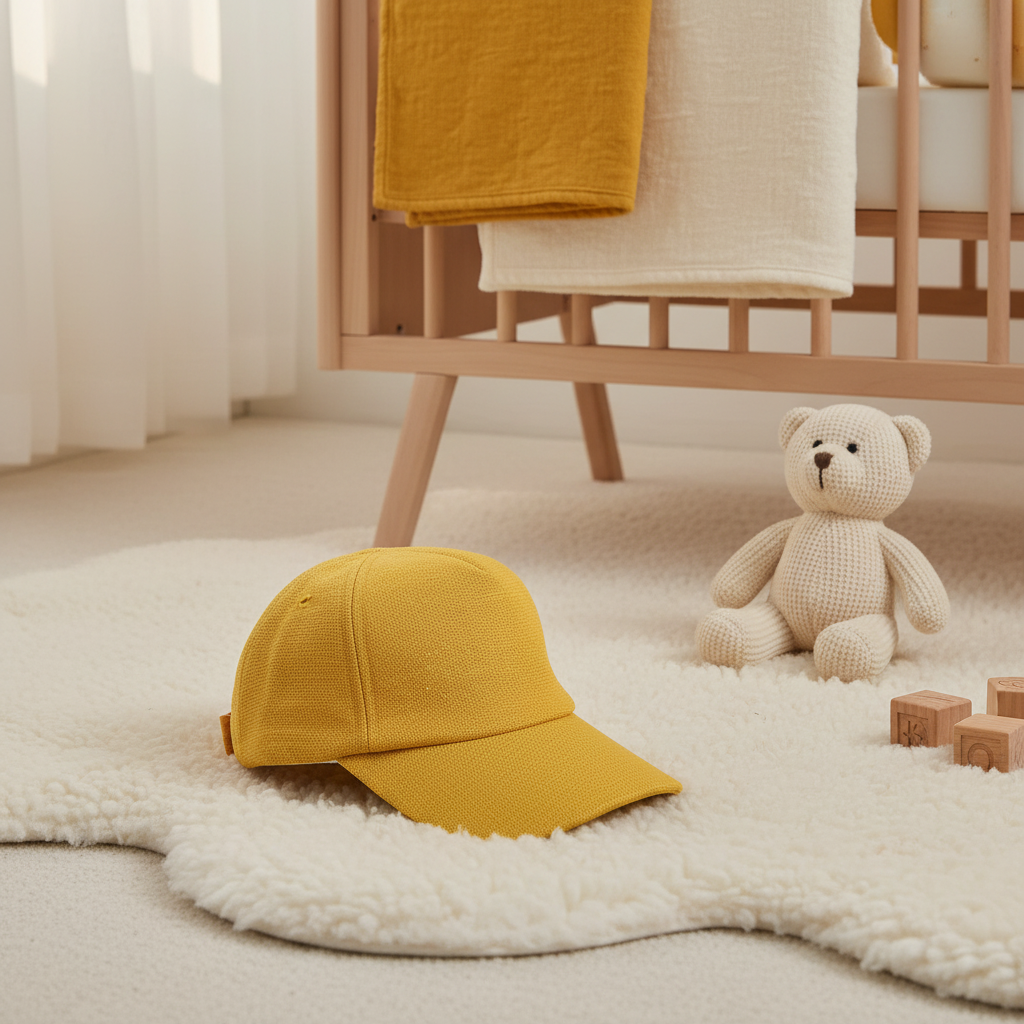 Mustard Yellow Textured Linen Baby Baseball Cap - cozy nursery scene on white fur rug with wooden crib and knitted teddy bear