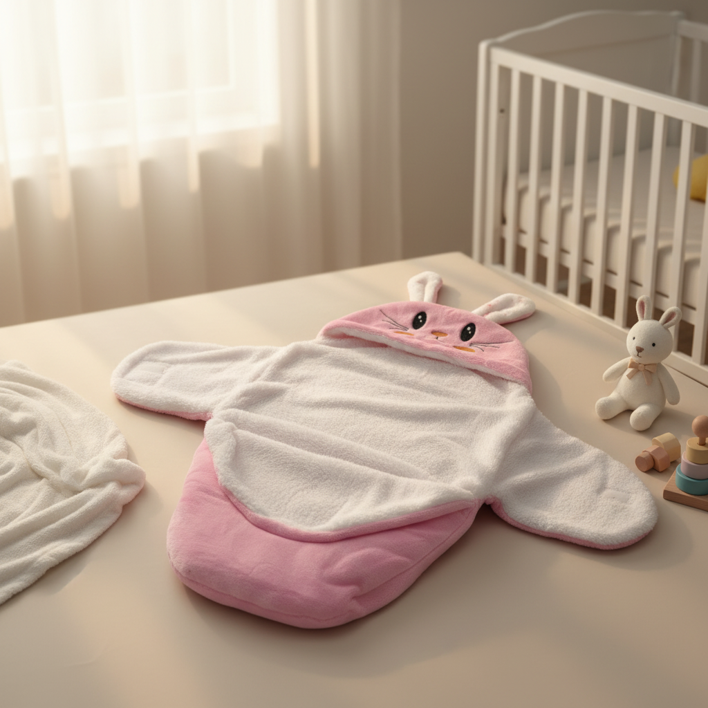 Pink bunny hooded swaddle wrap – cozy nursery scene on changing table next to white crib with bunny plush toy