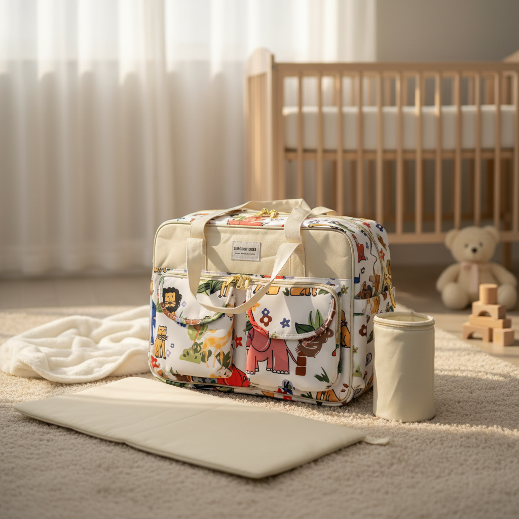 Sunshine Deer safari animals diaper bag set – cozy nursery scene on carpet next to wooden crib with teddy bear and wooden blocks
