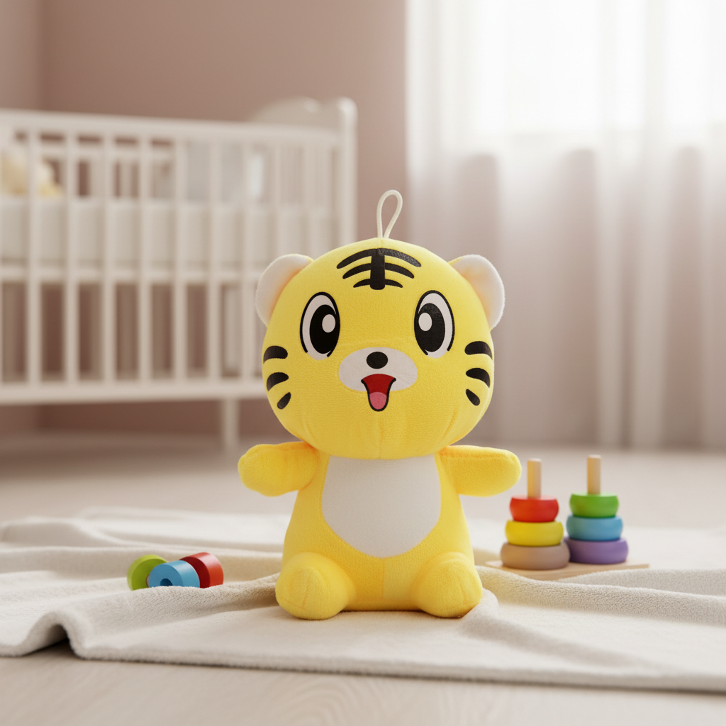 Yellow cartoon tiger plush doll – cozy nursery scene on white blanket next to white crib with rainbow stacker toy