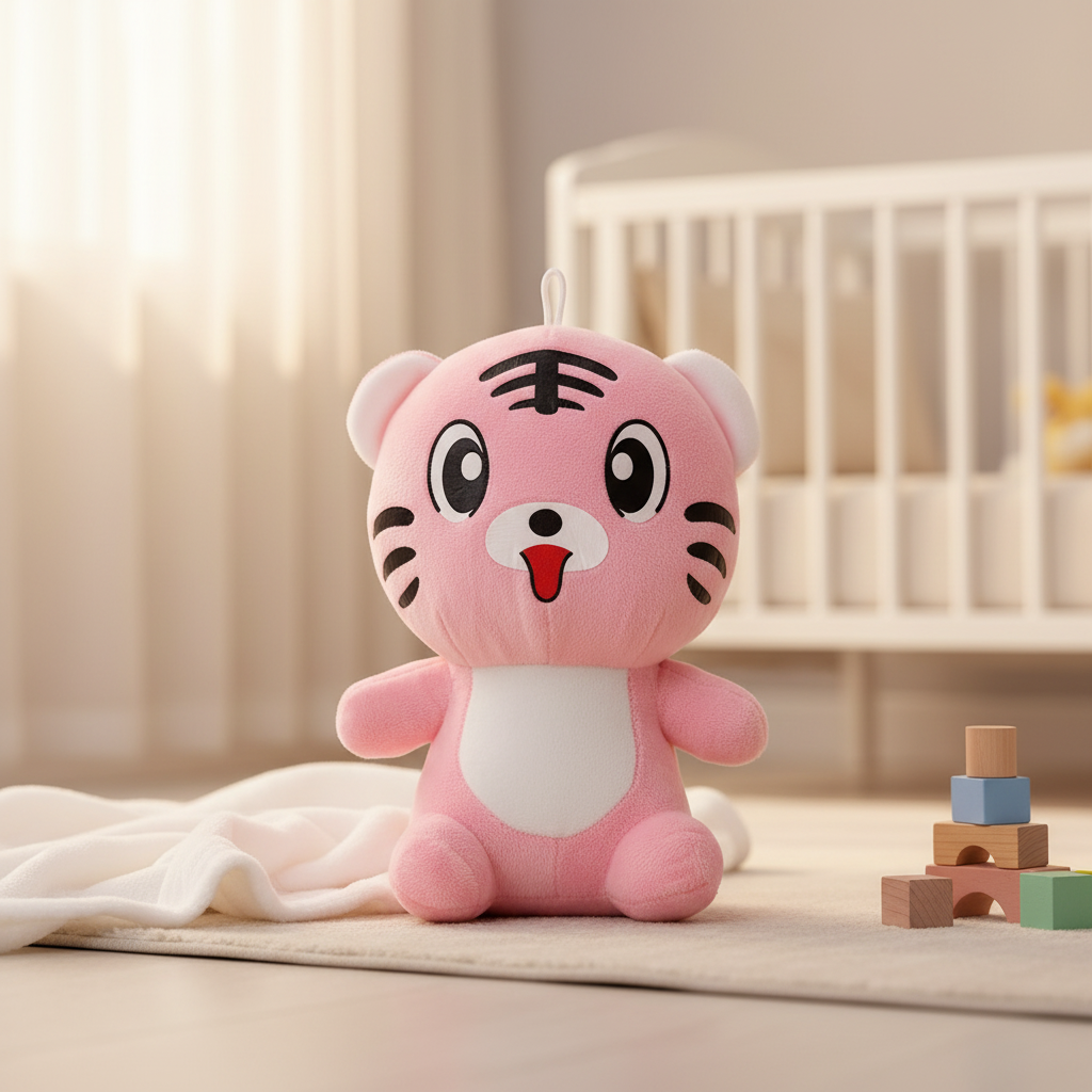 Yellow cartoon tiger plush doll – cozy nursery scene on cream blanket next to white crib with rainbow stacker