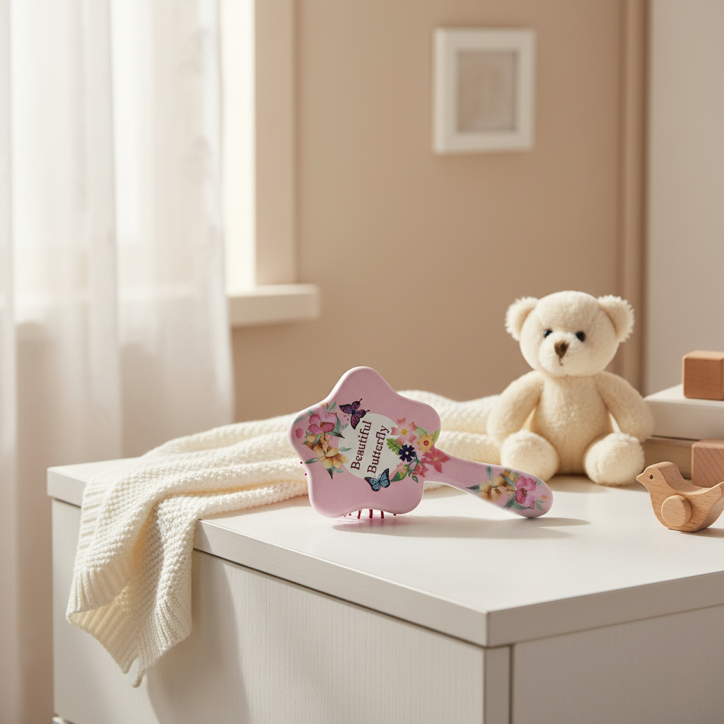 Beautiful Butterfly hand mirror – cozy nursery scene on white dresser with teddy bear and wooden toys showing floral butterfly print