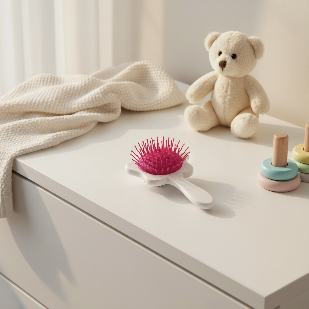 Beautiful Butterfly flower hair brush – cozy nursery scene on white dresser with teddy bear and rainbow stacker showing pink bristles