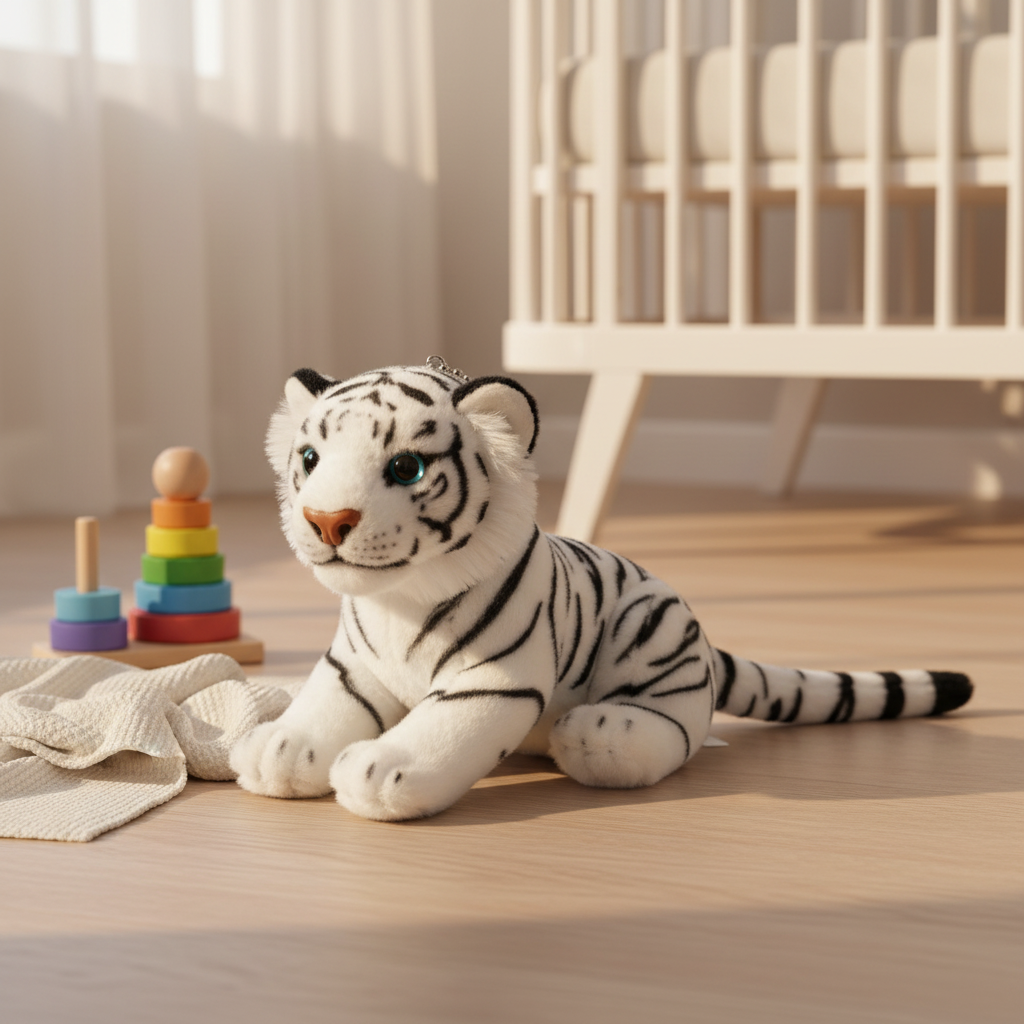 White tiger cub plush stuffed toy – cozy nursery scene on wooden floor next to white crib with rainbow stacker and cream blanket