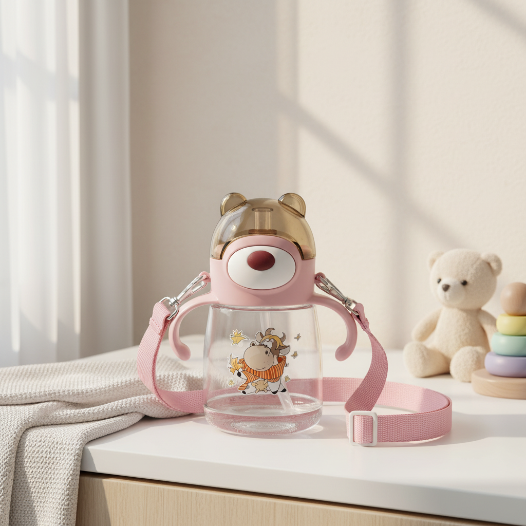Pink bear ear kids water bottle – cozy nursery scene on white dresser with teddy bear and rainbow stacker showing cartoon cow print body