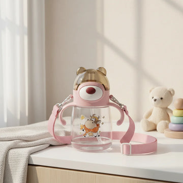 Bear Ear Kids Water Bottle with Straw & Shoulder Strap
