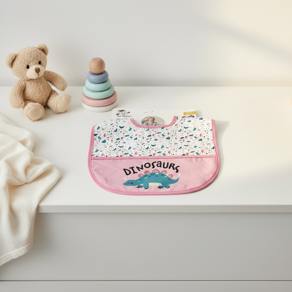 Pink dinosaurs waterproof baby bib – cozy nursery scene on white dresser with teddy bear and rainbow stacker showing full bib design