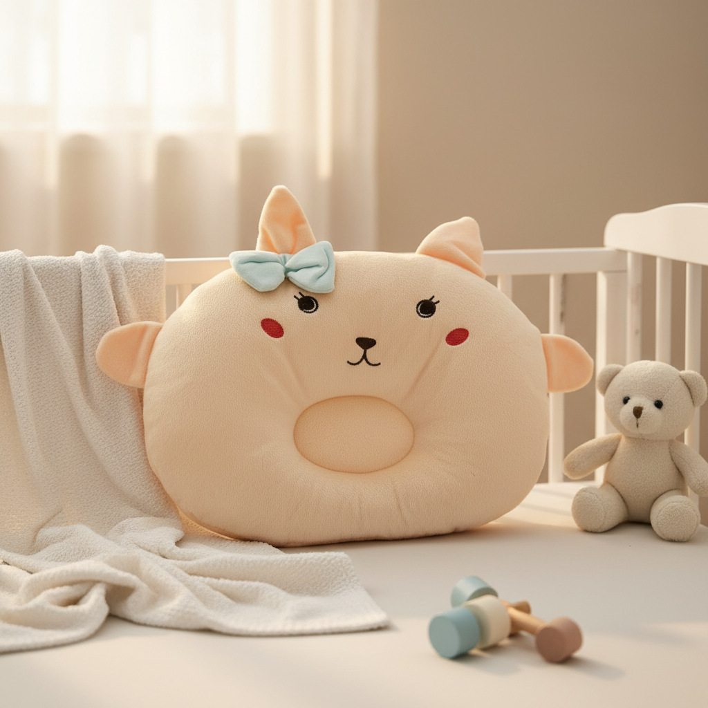 Unicorn cat baby head shaping pillow – cozy nursery scene on white crib mattress next to teddy bear and wooden rattle