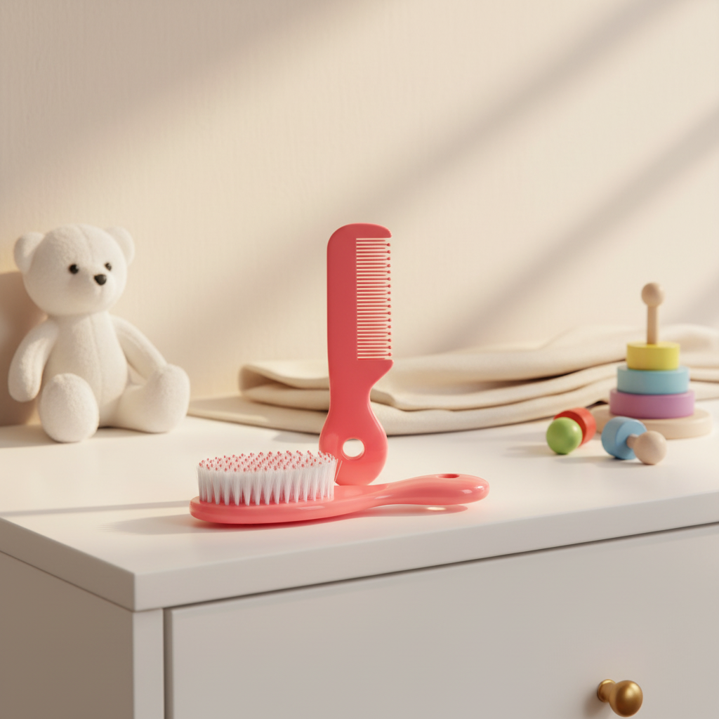 Pink baby hair brush and comb set – cozy nursery scene on white dresser with white teddy bear and rainbow stacker