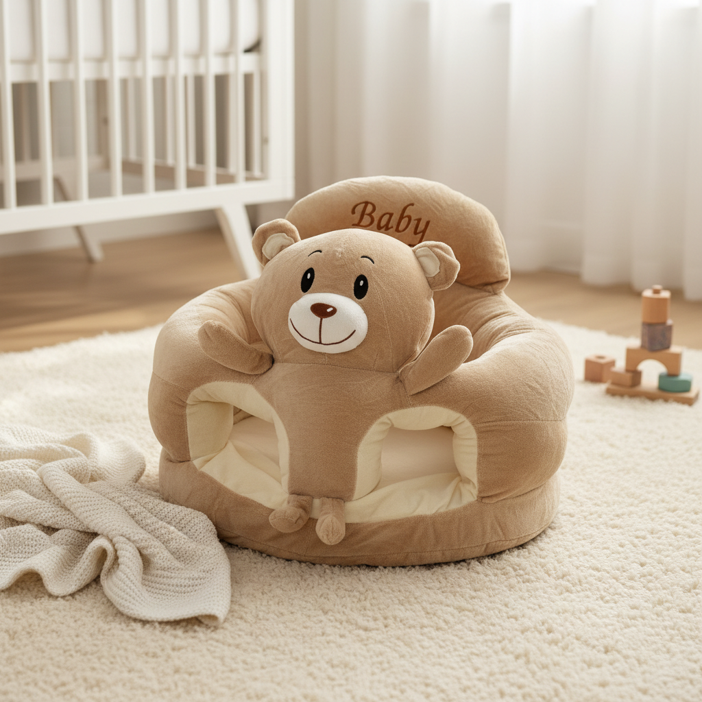 Teddy bear plush baby sitting support sofa – cozy nursery scene on white carpet next to white crib with wooden blocks and knit blanket