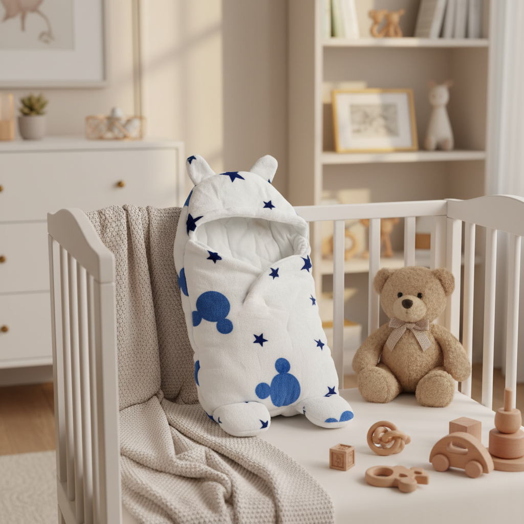 Mickey Mouse print baby swaddle wrap – cozy nursery scene propped against white crib with teddy bear and wooden toys showing bear ears hood