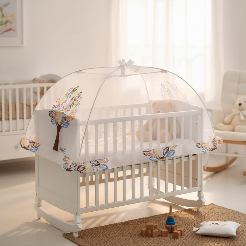 Foldable baby crib mosquito net – cozy nursery scene installed over white baby crib showing full coverage with colorful tree border print