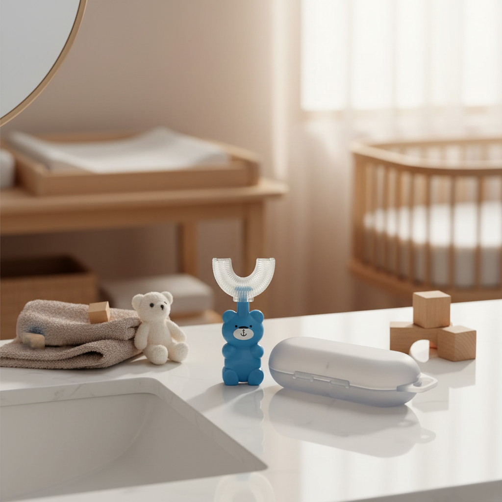 U-shape silicone baby toothbrush with blue bear handle – cozy nursery bathroom scene on white countertop with white teddy bear, wooden blocks and travel case