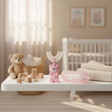U-Shape Silicone Baby Toothbrush with Bear Handle & Travel Case