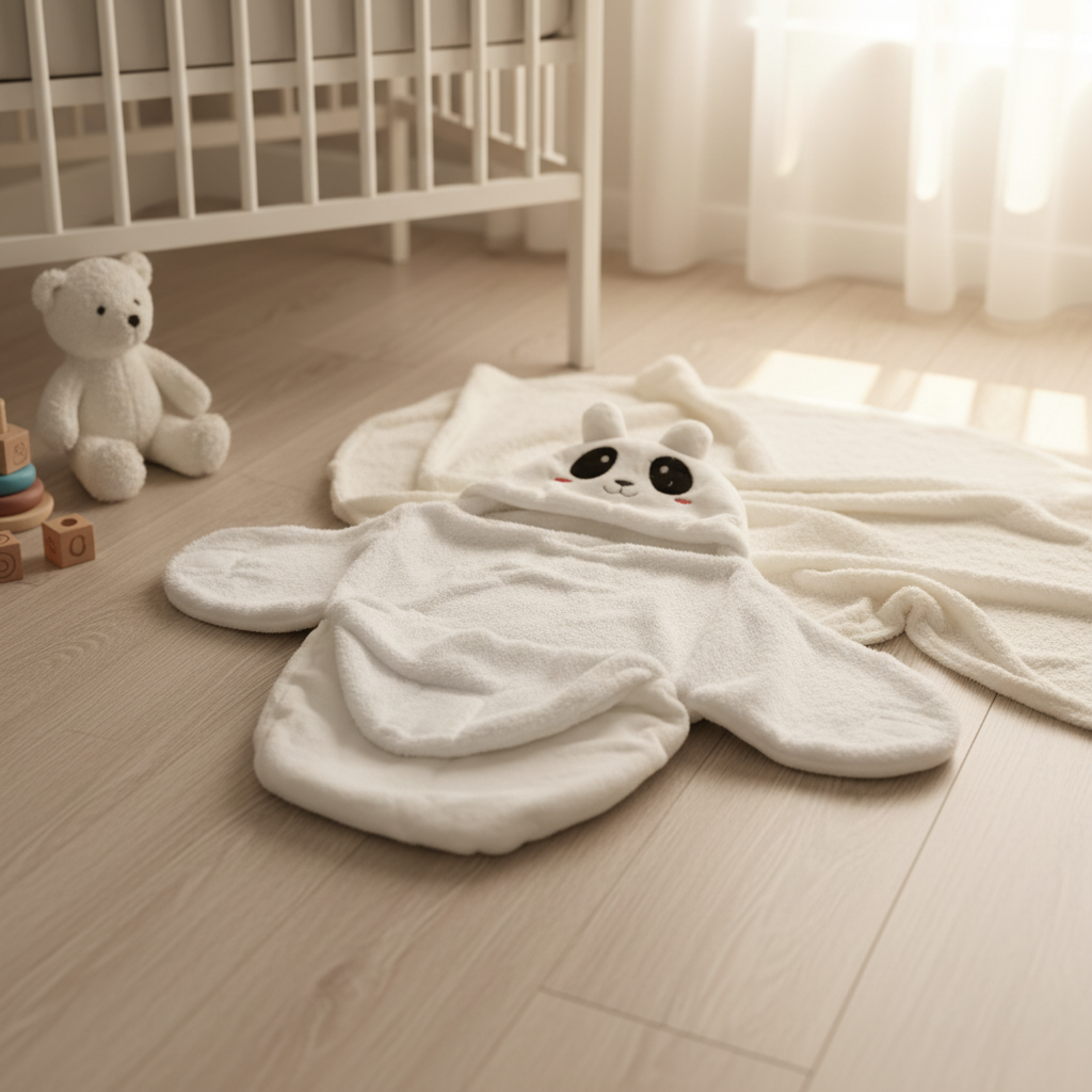 White panda hooded swaddle wrap – cozy nursery scene open on floor next to white crib and teddy bear
