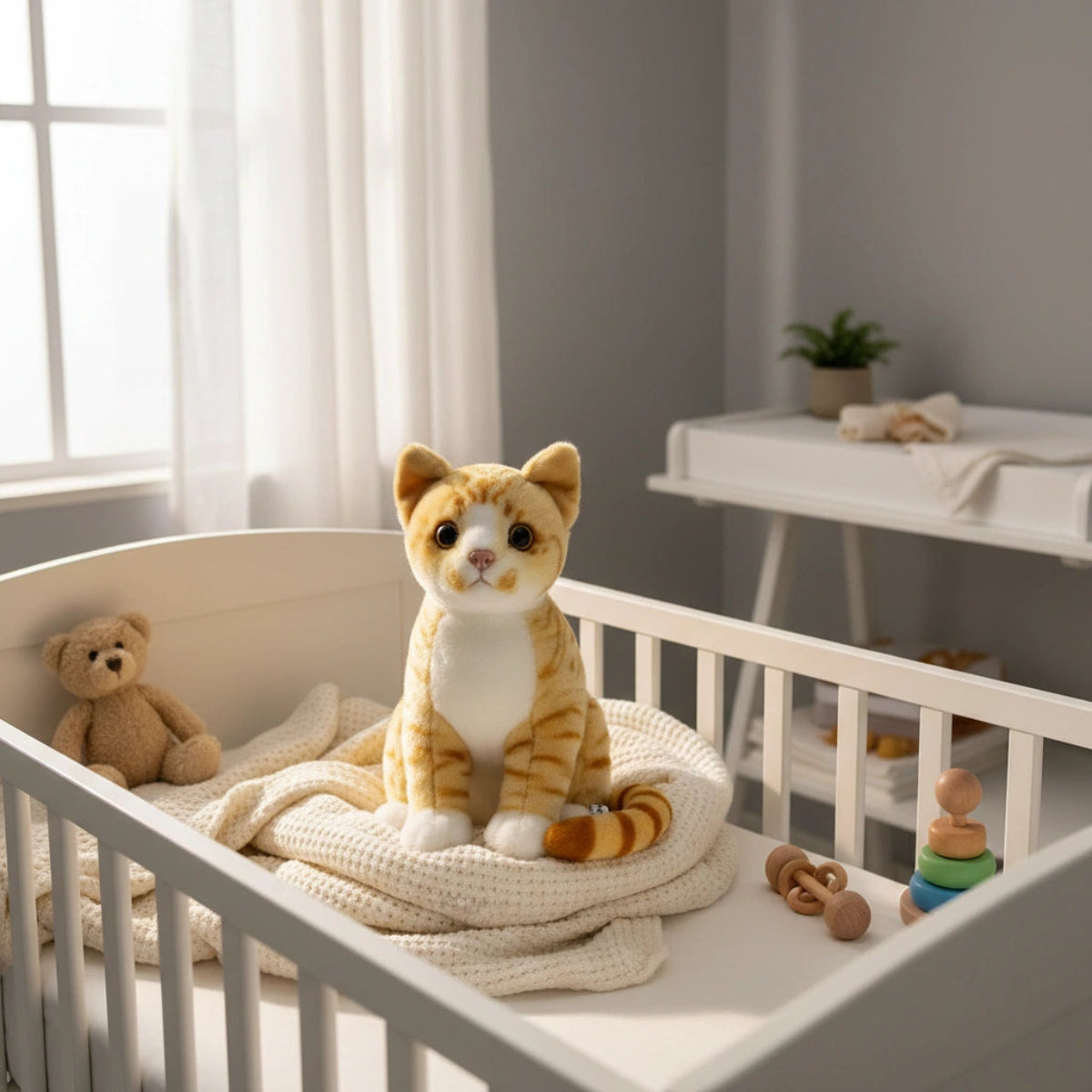Tabby the Kitten plush toy sitting in a white nursery crib with baby toys