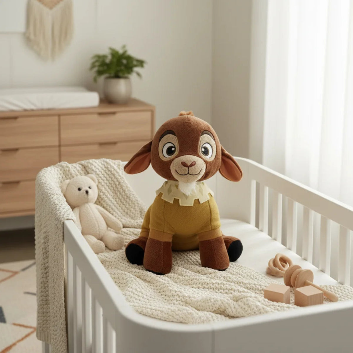 Bambi the Baby Goat plush toy sitting in a white boho nursery crib
