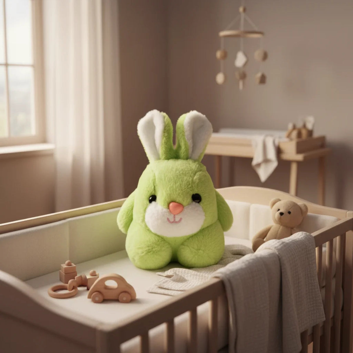 Clover the Green Bunny plush toy sitting in a warm nursery crib with wooden toys