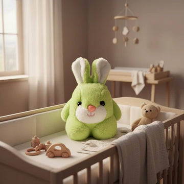 Clover the Green Bunny plush toy sitting in a warm nursery crib with wooden toys
