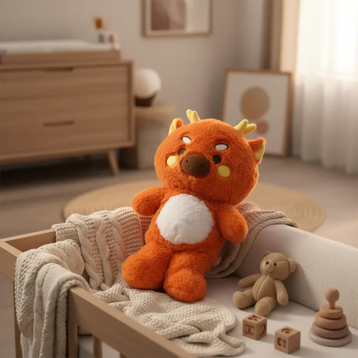 Ember the Orange Dragon plush toy sitting on a crib in a Scandinavian boho nursery